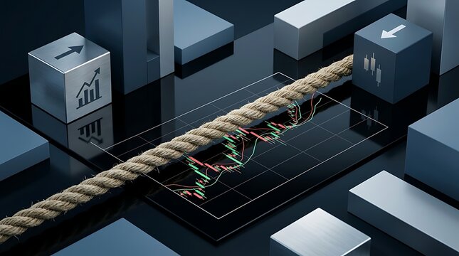 Professional Financial Stock Market Analysis Concept Featuring Candlestick Charts on a Digital Tablet, Market Volatility represented by a Rope, and Metallic Cubes with Trading Growth Icons.