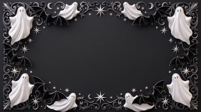 3D Halloween Ghost and Bat Decorative Border Frame