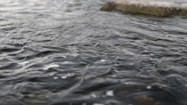 浅瀬の岩を越える水の流れ、スローモーションのクローズアップ映像
