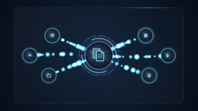 Digital data management interface with animated network nodes and file processing hud for business analytics and cloud computing