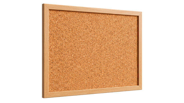 Cork board &mdash; Photorealistic rectangular cork board, warm natural cork surface enclosed by a smooth wooden frame and completely blank face; front three-quarter view, razor-sharp material detail,