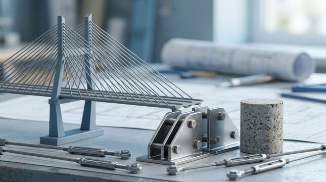 Structural engineering model with cable stayed bridge tension rods concrete core sample and steel gusset plates