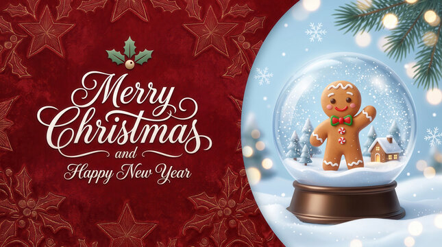 Gingerbread man in snow globe illustration, Merry Christmas and Happy New Year greeting card