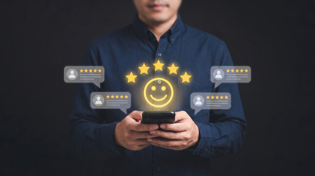 Person holding smartphone with customer review rating icons showing five stars and happy smiley face feedback