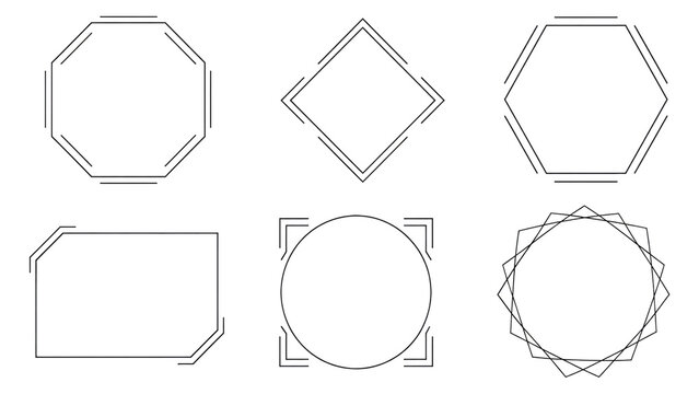 Six minimalist geometric frames and borders featuring octagon, diamond, hexagon, chamfered rectangle, circular corner brackets, and polygonal starburst circle in thin black line art, ideal for labels