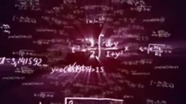 various mathematical formulas, calculus, physics concepts, and scientific constants (such as the value of Pi, limits, integrals, and laws of physics) that float, glow, and move dynamically, 