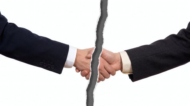 Conceptual image of two businessmen shaking hands across a torn paper dividing line symbolizing broken agreement or split partnership