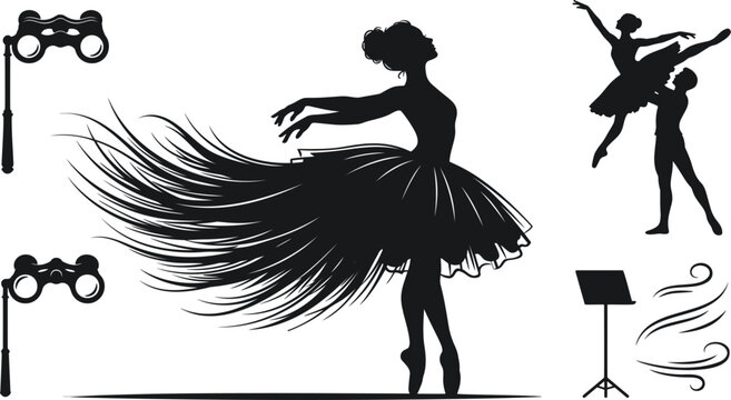 Classic ballet and theater vector illustration collection featuring a ballerina dancer in a flowing tutu dress, a dancing couple, vintage opera glasses, and a music stand.
