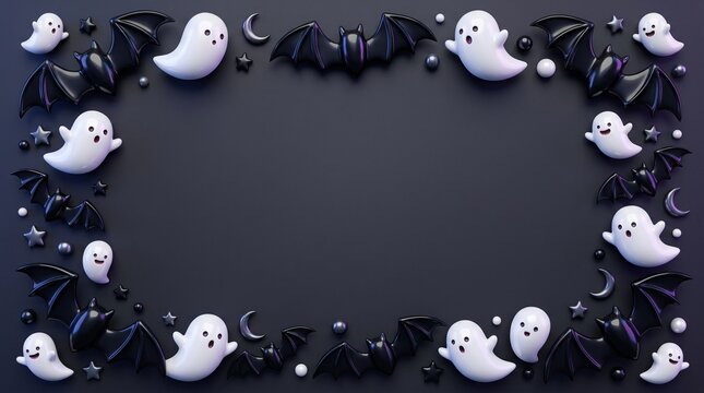 3D Halloween Cute Ghost and Black Bat Border Frame
