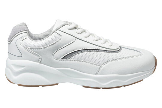 White leather sneaker with grey suede accents isolated on white background side view
