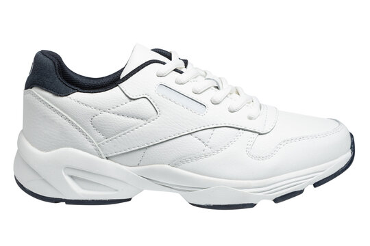 White leather casual sneaker with black heel tab isolated on white background profile view