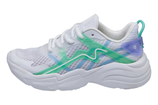 White mesh sneaker with green and purple translucent overlays isolated on white background