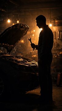 Mechanic Silhouette Garage Glow Backlight - A mechanic works on a car in a dimly lit garage, with a warm glow illuminating the scene. Expertise, automotive, workshop, repair, dark