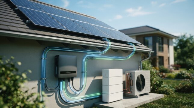 Virtual power plant concept with rooftop solar panels, heat pump, lithium battery storage and smart inverter linked by glowing cables