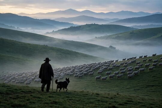Shepherd Silhouette Hills Dawn Countryside - A lone shepherd guides a flock of sheep across misty rolling hills at dawn.