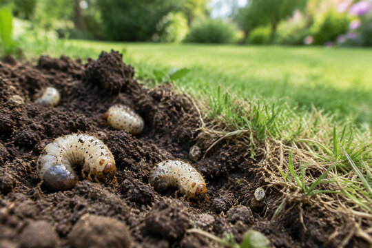 White grubs in soil beside patchy lawn, lawn grubs and turf damage concept