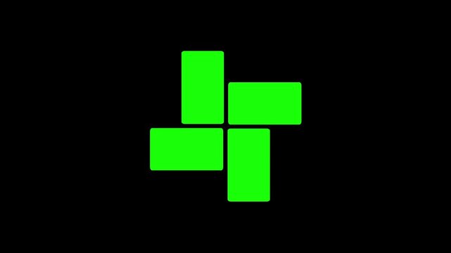 Four bright green rounded rectangles arranged in a pinwheel cross pattern on a solid black background. Simple flat geometric shapes with sharp color contrast, ready for scale animation.
