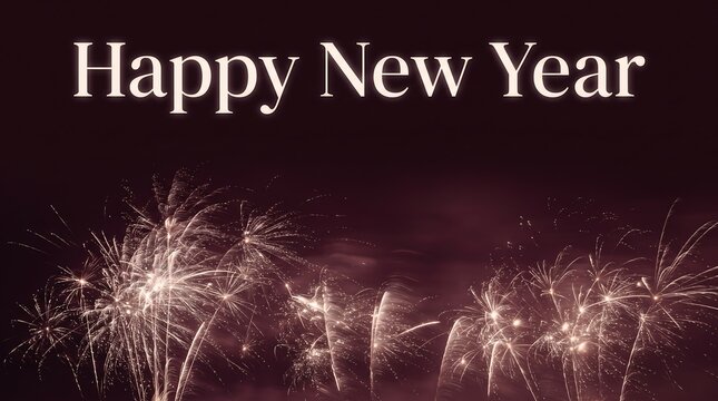 Happy new year text over a dark background, with golden fireworks, at the bottom