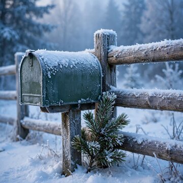 Snowy Mailbox Pine Sprig Fence - A winter scene with a snow-covered mailbox and fencepost, surrounded by a frosted pine sprig, symbolizing isolation, nature, winter, communication, and solitude