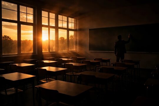Empty Classroom At Sunset - A solitary teacher illuminates an empty classroom with a sunset, symbolizing education, hope, knowledge, silence and solitude