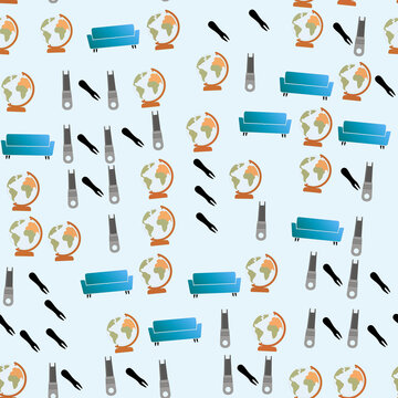 Seamless pattern with globes, sofas, and abstract shapes