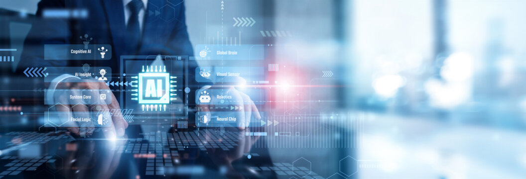 Software developer using API interacting with a virtual touch interface. Industry list: API network overlaying a table setup for modern enterprise software integration and data flow.