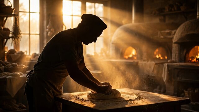 Baker Silhouette Dawn Bakery - A baker kneads dough in a rustic bakery at dawn, with ovens aglow. Concept: tradition, craft, early morning, warmth, artisan