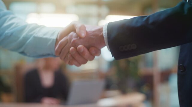Cropped view two Caucasian business men handshaking indoors in corporate office. Unknown businessmen handshake males executives employers shaking hands enjoying deal teamwork unity work in company