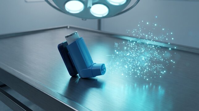 Conceptual close up of a smart inhaler projecting glowing cyan breath analysis particles