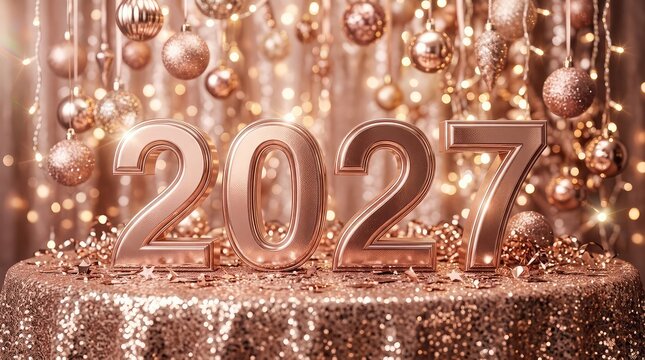 Elegant rose gold 2027 new year celebration with champagne and festive decorations
