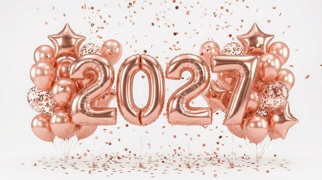 Rose gold foil balloons spelling 2027 with confetti for new years celebrations