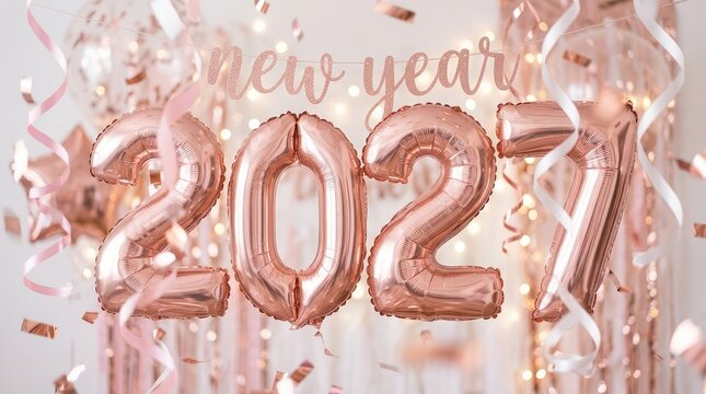 Rose gold foil number balloons displaying 2023 against a confetti background