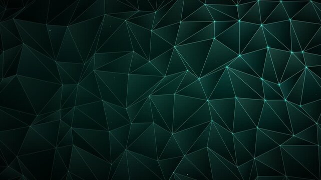 Abstract dark teal low poly geometric background with glowing dots and lines representing network connections or data flow