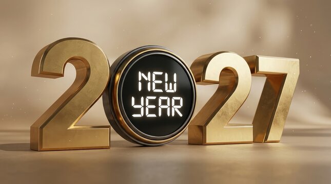 Golden new year 2027 celebration with wooden numbers and decorative elements