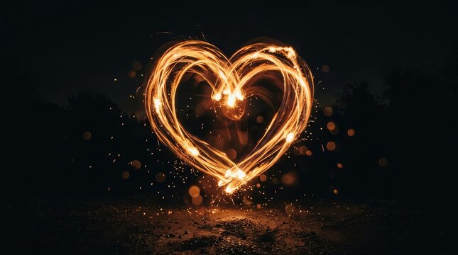 A glowing heart created with light painting in a dark and moody setting