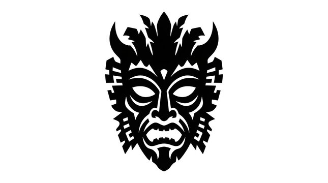 Black and white tribal mask silhouette vector illustration. Features intricate patterns and horns, perfect for cultural, ethnic, and folklore designs