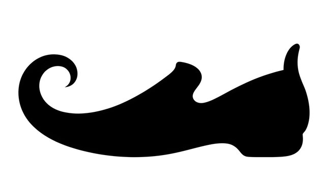 Black and white silhouette of a traditional Arabian or elf shoe with a curled toe. Vector illustration for fairy tale, folklore, or fantasy designs.