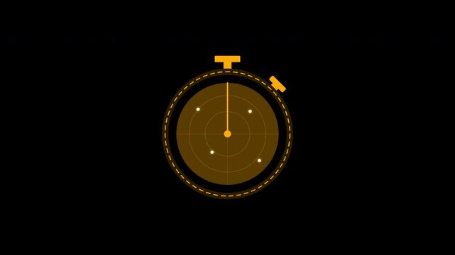 Yellow stopwatch radar screen scanning target blips on transparent background