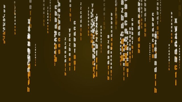 Abstract streams of white and orange letters and symbols falling on a dark brown background, creating a digital code rain effect with space for text.
