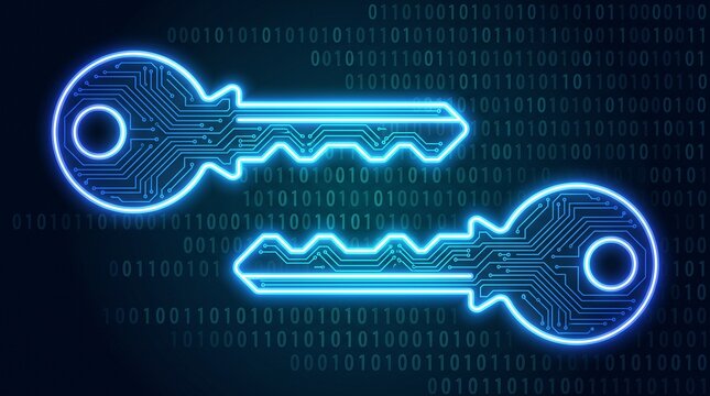 Glowing digital security keys with binary code data background