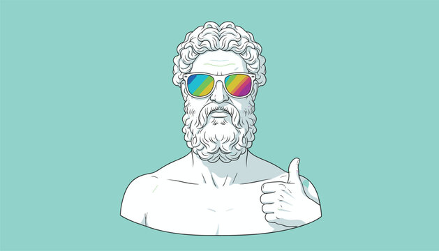 Classical marble bust sculpture of a bearded philosopher wearing rainbow sunglasses and giving a thumbs up approval gesture.