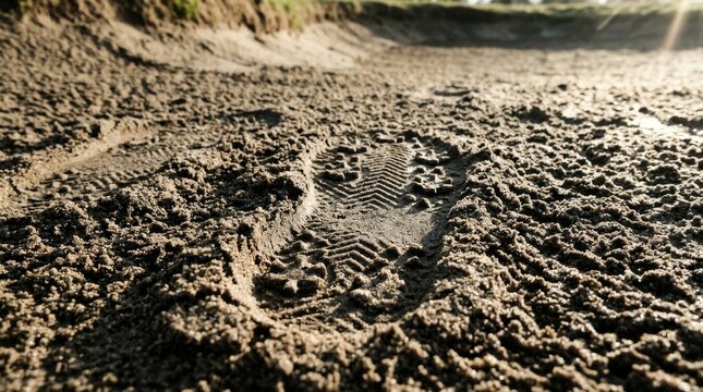 A single shoe print is pressed into the dark sand on the ground.
