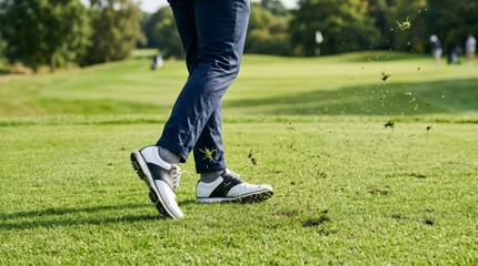 Obraz premium A golf player hits the ball and makes grass fly on the course.