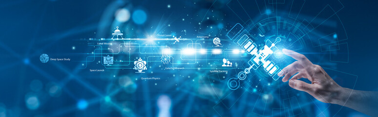 Aerospace Engineering. Satellite controller pointing the hand at glowing orbital trajectory map and cosmic exploration telemetry. Deep space research and satellite tech. © FutureLogic Studio