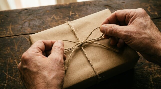 A person ties a piece of rustic string around a brown paper package.