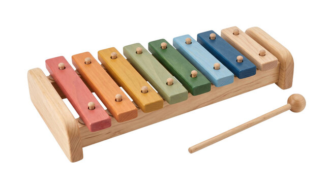 Colorful wooden xylophone with mallet on a transparent background