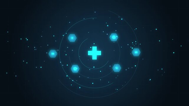 Medical digital interface with glowing plus sign and hexagonal data nodes, abstract healthcare technology background animation