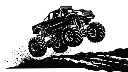 Monster truck jumping over terrain black and white silhouette © Hiron