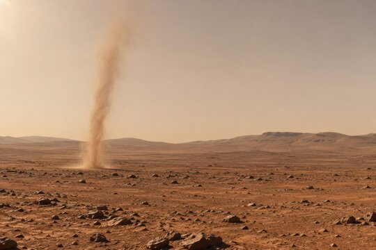 Tall dust devil rises from a rocky Martian plain beneath a pale orange sky with low distant mesas in a planetary atmosphere visualization