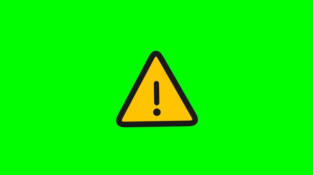 Yellow Warning Triangle Sign with Exclamation Mark Pulsing on Green Screen Background